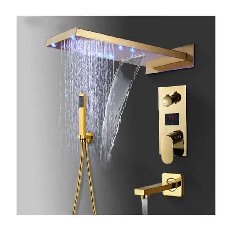 Modern gold led rain shower faucet with decorbites golden 3-ways finish features rectangular rain head and handheld shower
