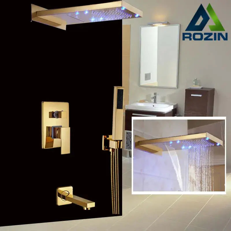 Modern gold led rain shower faucet with decorbites golden 3-ways blue led lighting and sleek wall mounted design