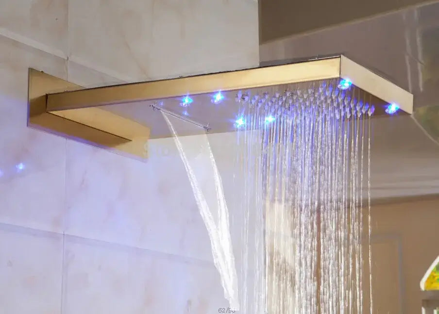 Modern gold led rain shower faucet wall mounted mixer with gold-toned rectangular showerhead and blue led lights decorbites golden 3-ways