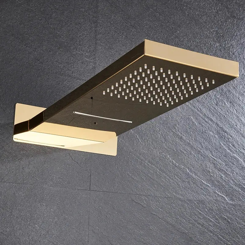 Modern gold led rain shower faucet with gold-toned rectangular rainfall showerhead from decorbites golden 3-ways