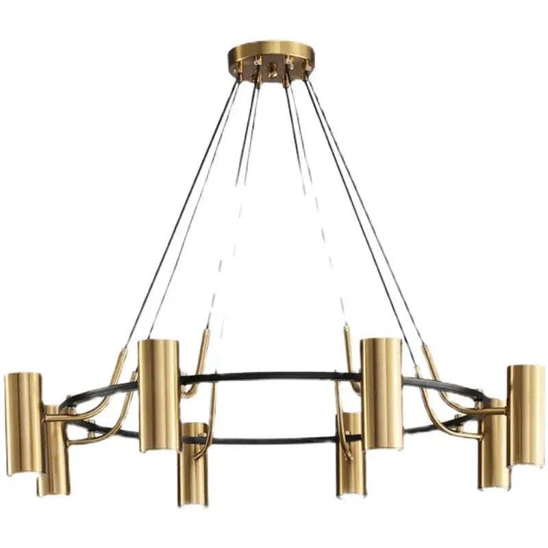 Modern gold led ring chandelier with cylindrical light fixtures and black wire accents for dining room decorbites gold led