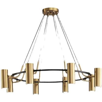 Modern gold led ring chandelier with cylindrical light fixtures and black wire accents for dining room decorbites gold led