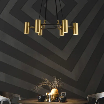 Modern gold led ring chandelier with gold-toned cylindrical geometric design and black wire pendant light for dining room decorbites gold led