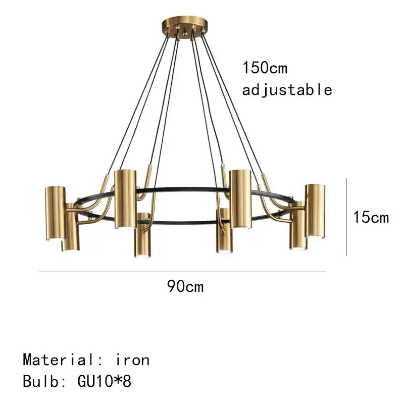 Modern gold led ring chandelier featuring an eight-bulb gold-toned iron design with black wire pendant light decorbites gold led