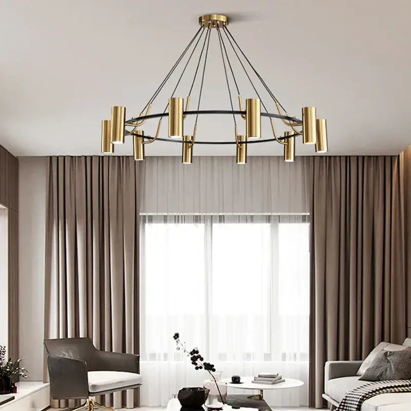 Modern gold led ring chandelier with cylindrical light fixtures and black wire pendant for dining room decorbites gold led