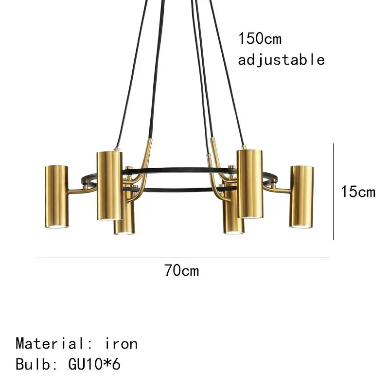 Modern gold led ring chandelier with six cylindrical gu10 bulbs and black cords for dining room decorbites gold led