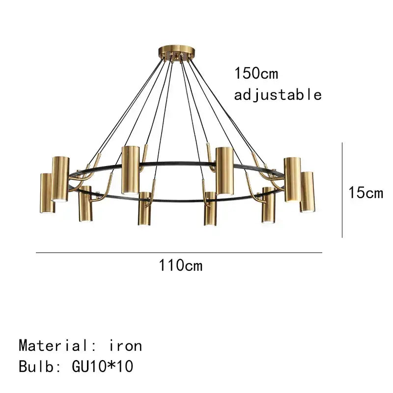 Modern brass-toned decorbites gold led ring chandelier with ten cylindrical gu10 lights and black wire pendant design