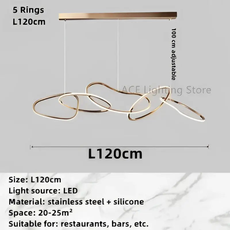 Modern gold led ring chandelier with interlocking stainless steel and silicone rings for dining room decorbites gold led light