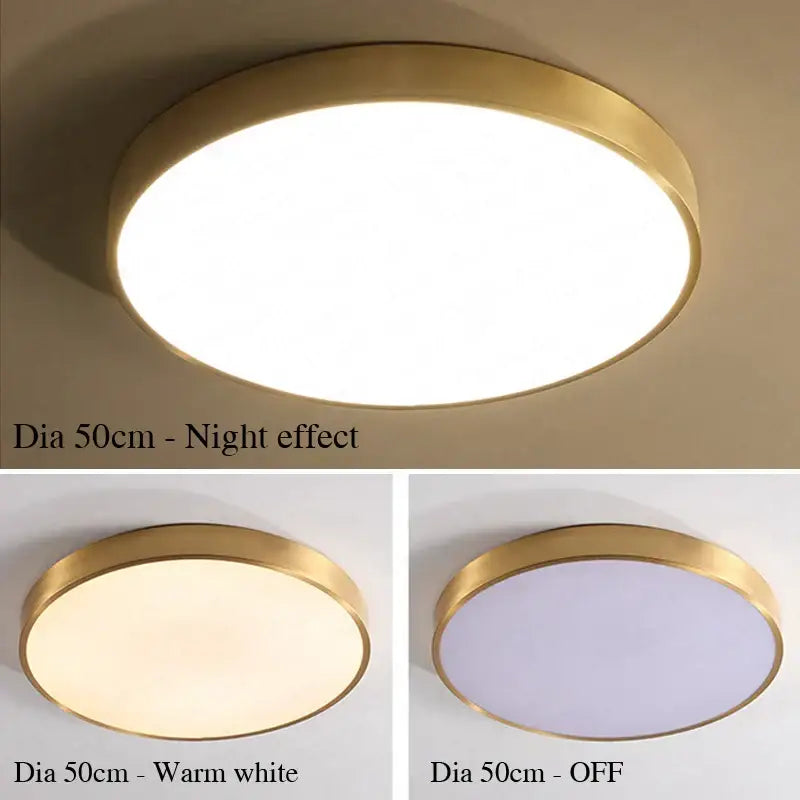 Modern gold led round ceiling light with metallic frame and frosted glass panel for bedroom illumination options