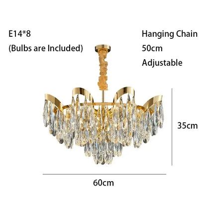 Modern gold led sunflower crystal ceiling chandelier with multiple tiers of clear crystal droplets and adjustable chain