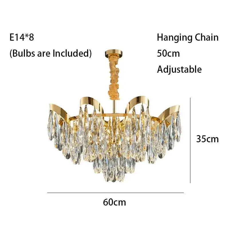 Modern gold led sunflower crystal ceiling chandelier with multiple tiers of clear crystal droplets and adjustable chain
