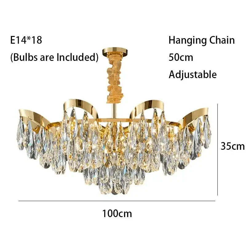 Modern gold led sunflower crystal ceiling chandelier with cascading clear teardrop pendants and adjustable chain