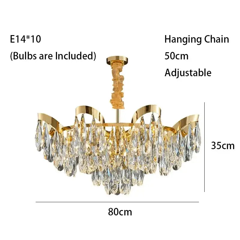 Modern gold led sunflower crystal ceiling chandelier with cascading clear crystal droplets and adjustable hanging chain
