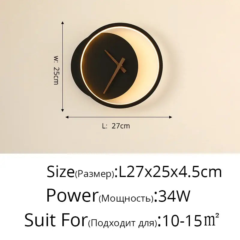 Modern black and gold crescent moon-shaped led wall lamp clock for elegant living room lighting and decor