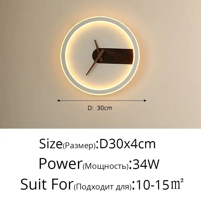 Modern gold led wall lamp clock with glowing white led ring and dark wood hands for living room lighting