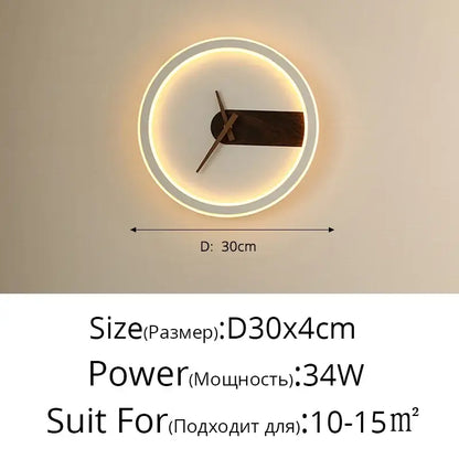 Modern gold led wall lamp clock with glowing white led ring and dark wood hands for living room lighting