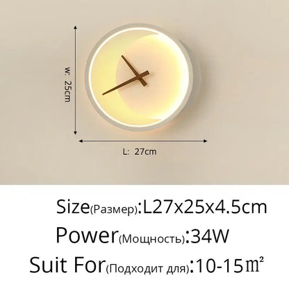 Modern gold led wall lamp clock with a warm glowing face and minimalist brown hands in a sleek white frame for living room lighting