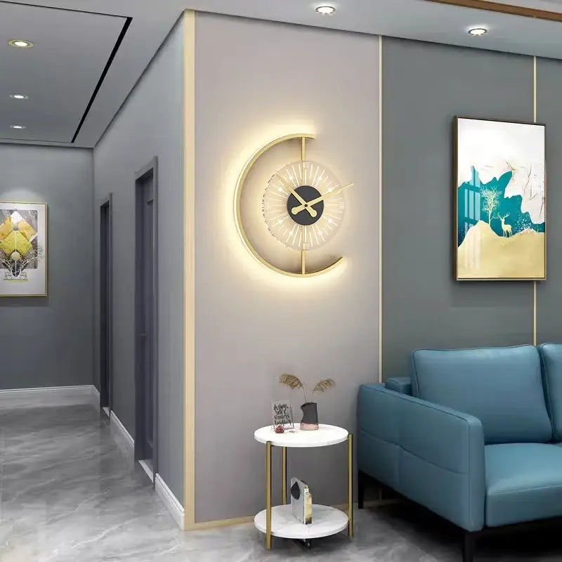 Modern gold led wall lamp clock with crescent shape and glowing frame for elegant living room lighting