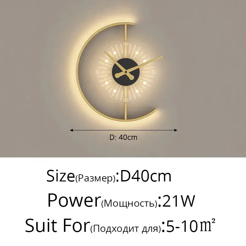 A modern crescent-shaped led wall lamp clock with a gold metallic frame and illuminated black face for living room lighting