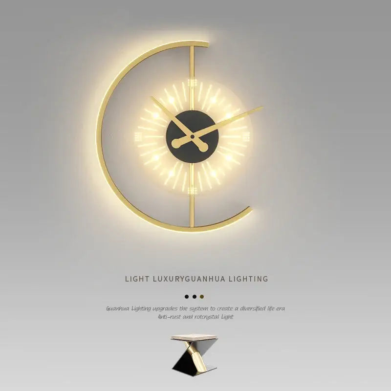 Modern gold led wall lamp clock with a crescent shape and illuminated sunburst design for living room lighting