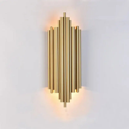 Modern gold led wall lamp featuring vertical brass rods in a symmetrical radiating design for living room decorbites gold led sconce