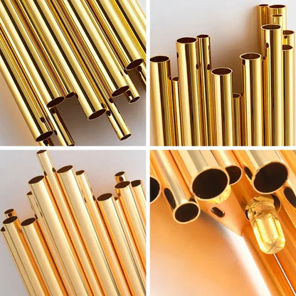 Modern gold led wall lamp featuring polished reflective golden metallic tubes for living room orchid decor by decorbites gold led