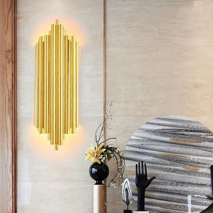 Modern gold led wall lamp with vertical metallic tubes in radiant pattern for living room orchid decorbites gold led