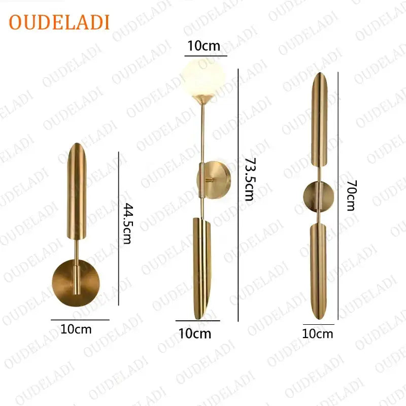 Modern gold led wall lamp with spherical bulb and minimalist design in varying heights for living room wall lamp