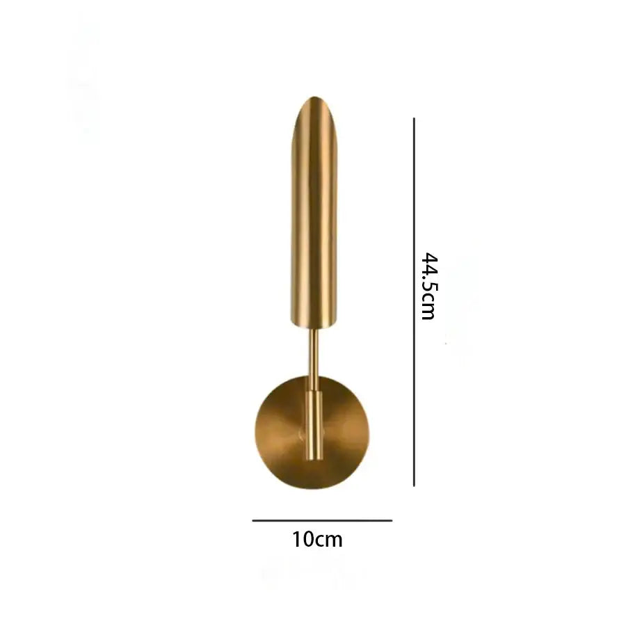 Brass-finished modern wall lamp with elongated cylindrical shade and spherical bulb for living room led wall lighting