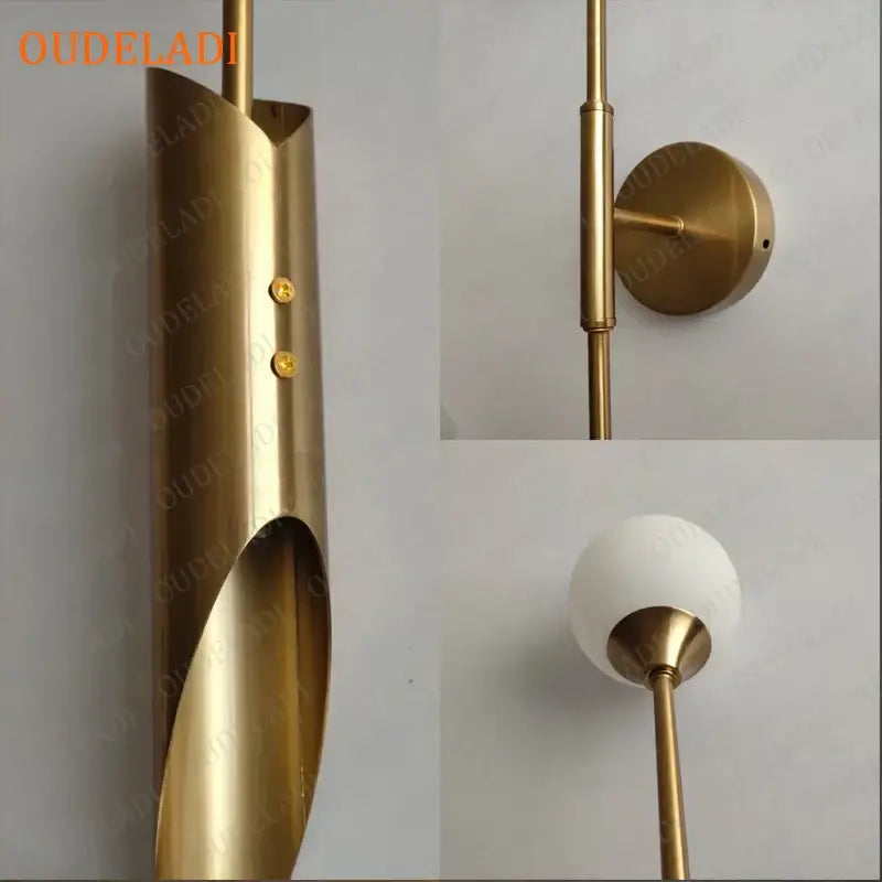 Modern gold led wall lamp with brass finish and frosted glass globe shade for living room use