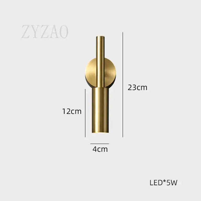 Gold finished brass led wall lamp with sleek cylindrical design and color temperature options for bedroom use