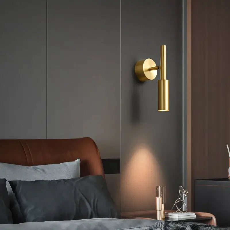 Modern gold led wall lamp with gold-toned cylindrical design and 3 color temperature options for bedroom lighting