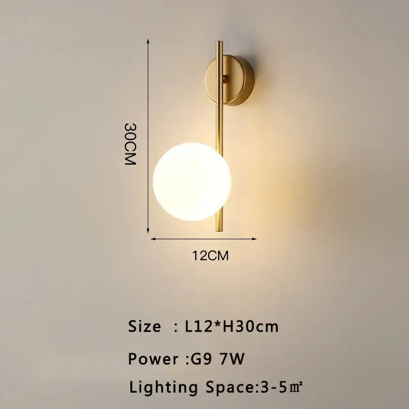Modern gold led wall lamp with frosted glass and slender metal arm minimalist design for living room lighting