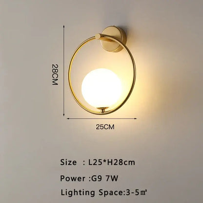 Modern gold led wall lamp featuring a circular gold-toned sconce with frosted glass globe for living room lighting