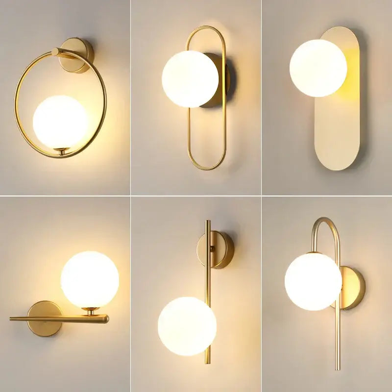 Modern gold led wall lamp with frosted glass featuring spherical shades for living room wall lighting