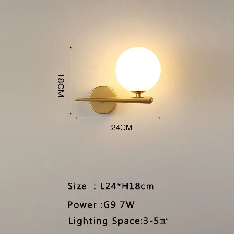 Modern gold led wall lamp featuring a frosted glass spherical bulb suitable for living room lighting