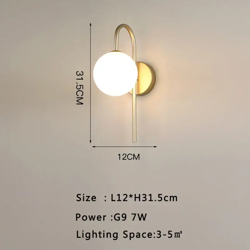 Modern gold led wall lamp with frosted glass shade and curved metal arm for living room use
