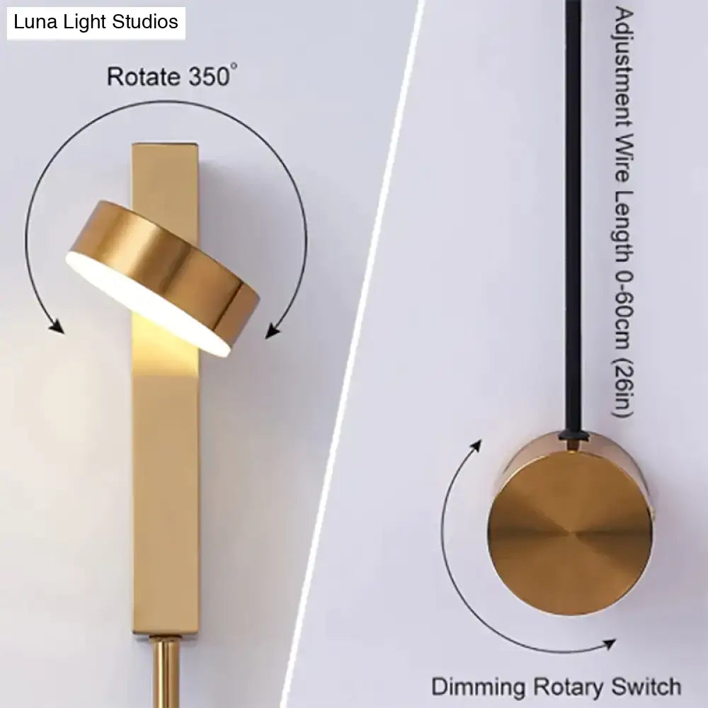 Modern gold led wall lamps featuring adjustable rotating sconce head and dimming rotary switch for bedroom use