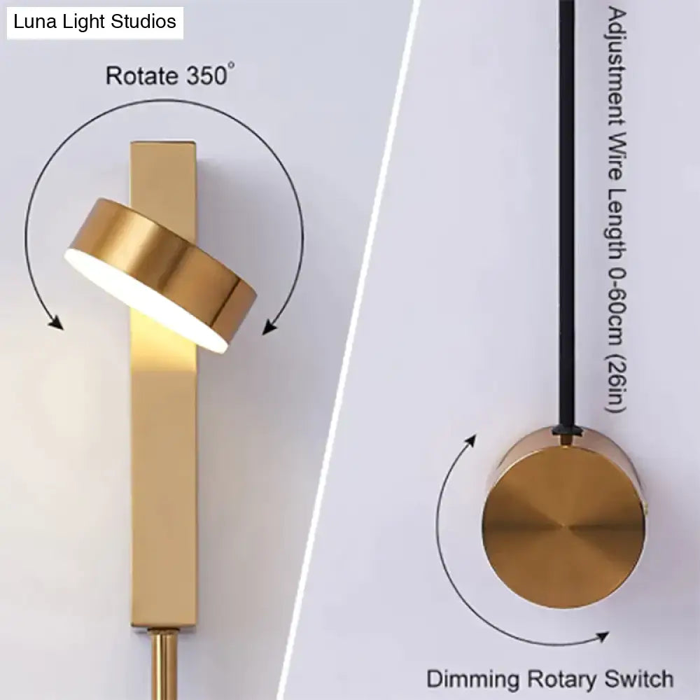 Modern gold led wall lamp with sleek rectangular base and adjustable 360-degree rotating head for bedroom use