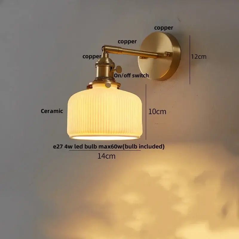 Vintage-style copper wall lights with ribbed ceramic shade modern gold led wall lights for bedroom reading lamp