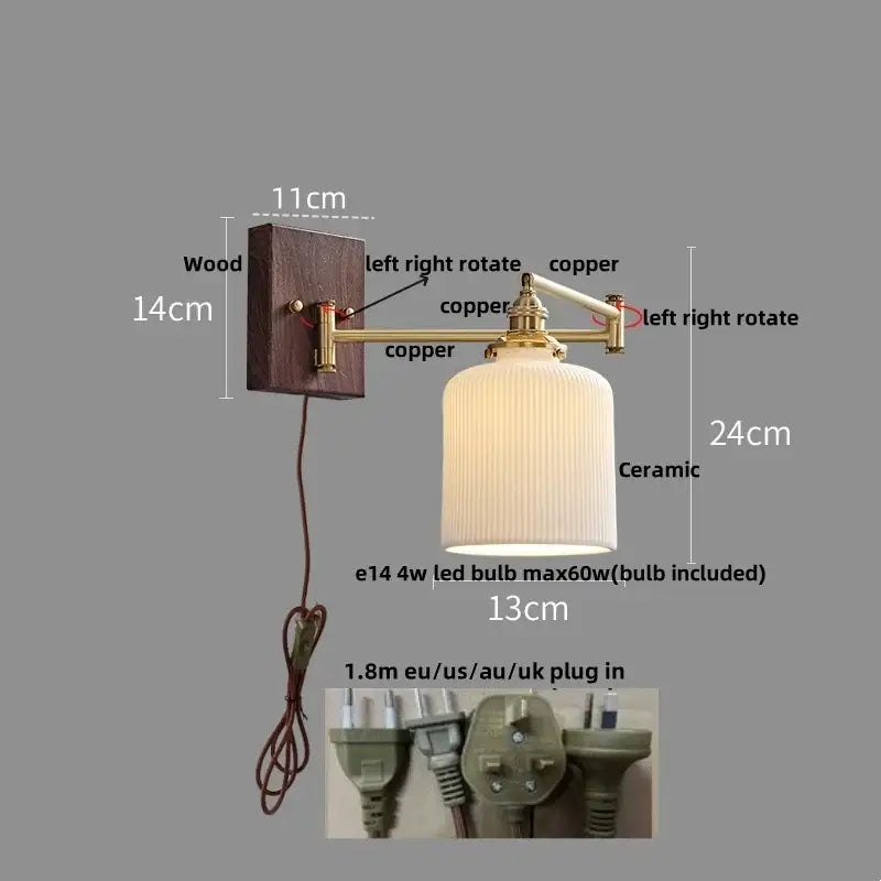 Modern gold led wall lights with a dark wood backplate, rotating brass copper arms, and a ribbed off-white ceramic shade