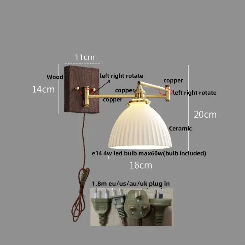 Modern gold led wall light with dark wood base, brass arms, and off-white ribbed ceramic shade for bedroom reading
