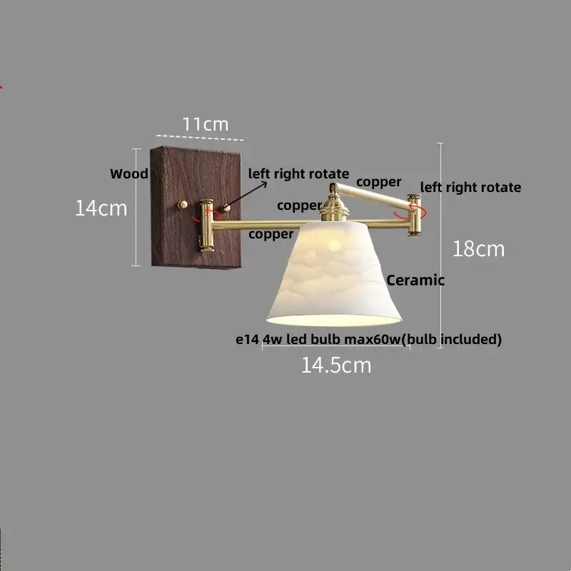 Modern copper-finished led wall lights with dark wood backplate and frosted ceramic shade for bedroom reading