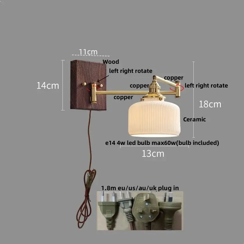 Modern gold led wall lights featuring a copper wall sconce with ribbed ceramic shade and wooden mounting plate