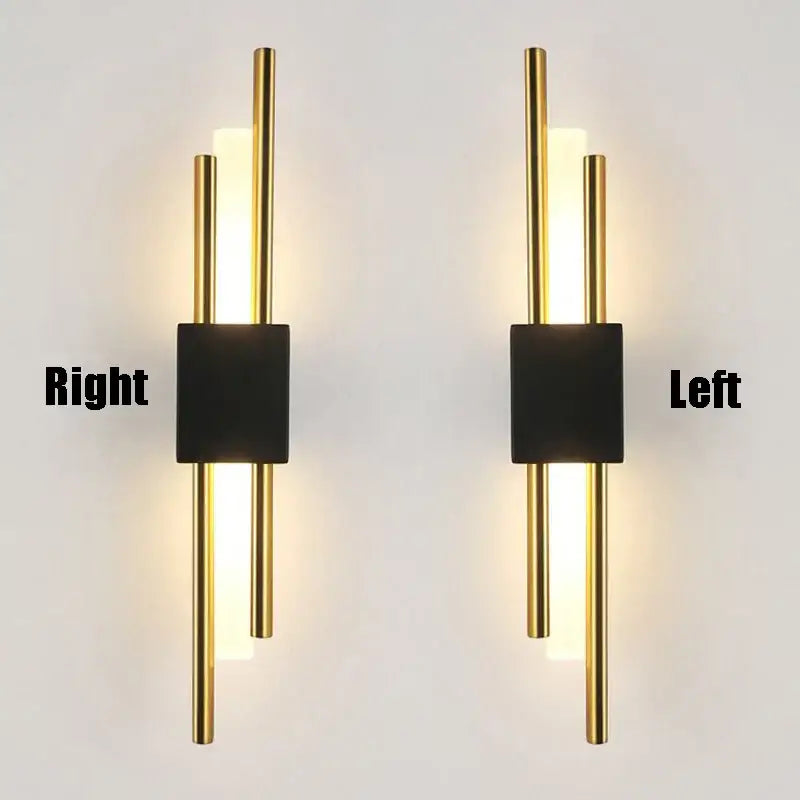 Modern gold led wall sconce with black rectangular accents and vertical illuminated bars for bedroom ambient lighting decorbites led wall