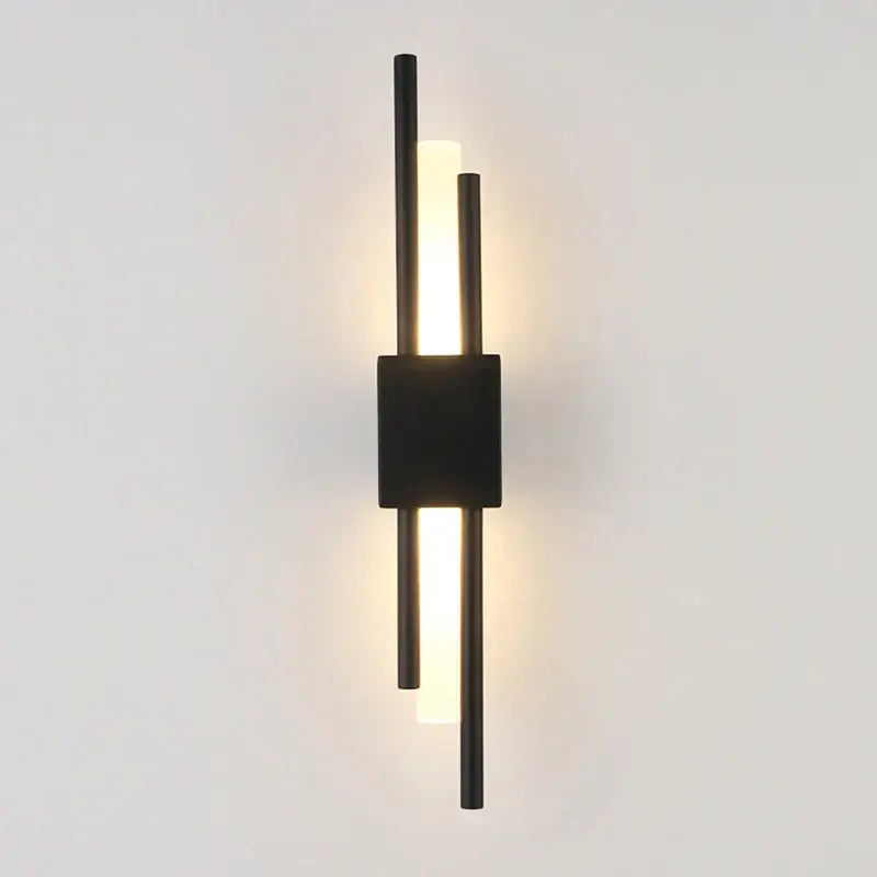 Modern black metal wall sconce with three vertical rods and central illuminated panel LED wall sconce for decorbites