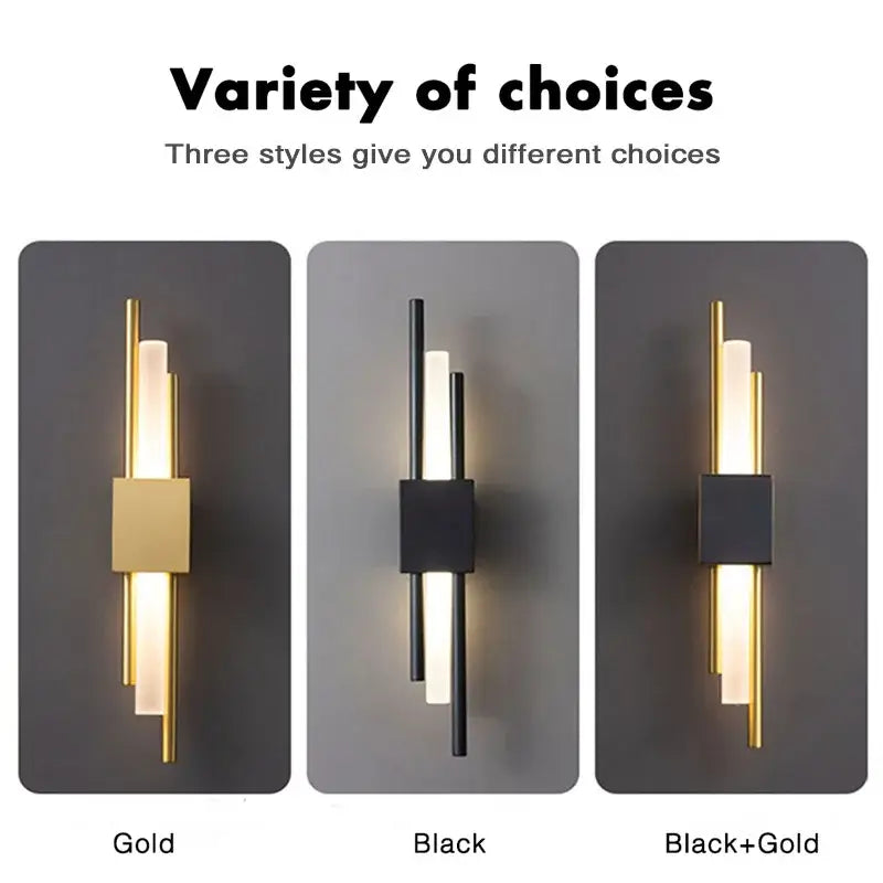 Modern gold led wall sconce with sleek vertical rod design and illuminated panels in black and gold finishes for bedroom decorbites led wall