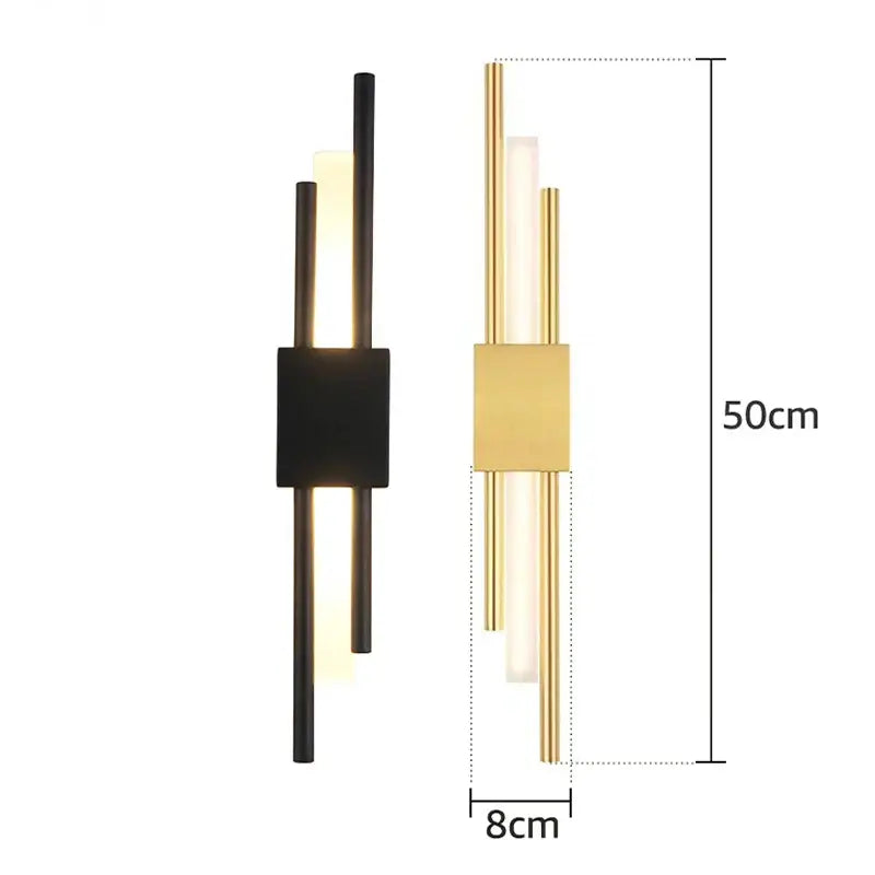 Modern gold led wall sconce with sleek black and gold finish featuring vertical rods and warm ambient light decorbites led wall