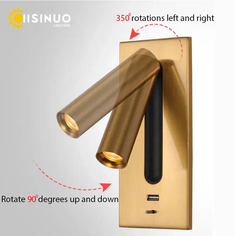 Modern gold led wall sconce with two adjustable cylindrical heads and usb charging for bedroom reading decorbites led wall