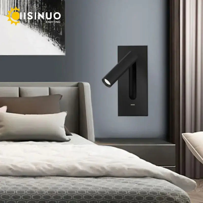 Black modern wall sconce with adjustable head and sleek rectangular base ideal for bedroom reading decorbites led wall lighting